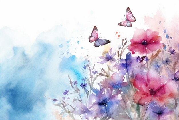 Photo petit papillon avec des fleurs dessin à l'eau génératif ai