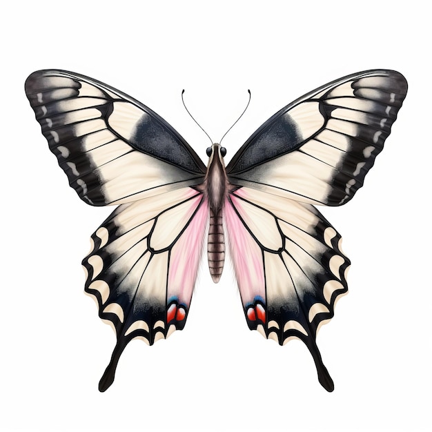 Petit papillon à queue d' hirondelle rose et noir sur fond blanc