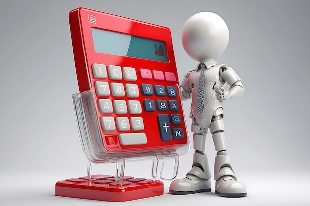 Petit personnage humain en 3D avec une calculatrice rouge en plastique semi-transparent