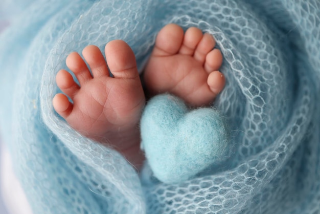 Le petit pied d'un nouveau-né Pieds doux d'un nouveau-né dans une couverture en laine bleue Gros plan sur les orteils, les talons et les pieds d'un nouveau-né Coeur bleu tricoté dans les jambes de bébé Photographie macro en studio