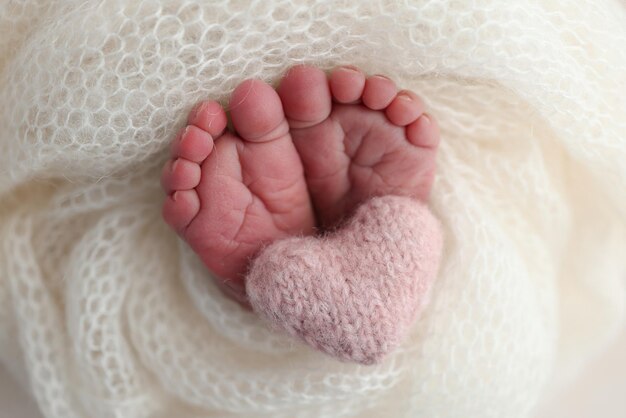 Le petit pied d'un nouveau-né, les pieds doux d'un nouvellement-né dans une couverture de laine blanche, le gros plan des orteils, des talons et des pieds d'un nouveauné, le cœur rose tricoté dans les jambes d'un bébé, la photographie macro.