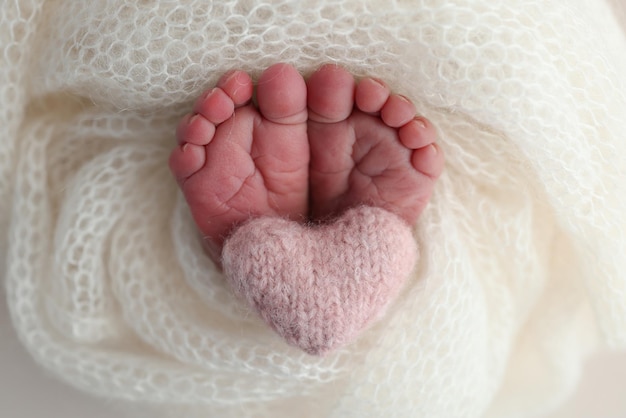 Photo le petit pied d'un nouveau-né, les pieds doux d'un nouvellement-né dans une couverture de laine blanche, le gros plan des orteils, des talons et des pieds d'un nouveauné, le cœur rose tricoté dans les jambes d'un bébé, la photographie macro.