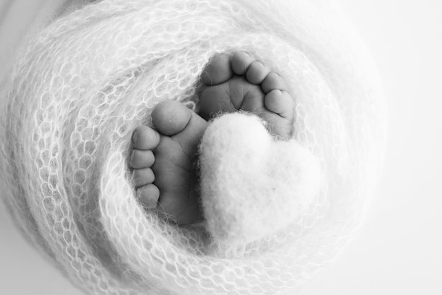 Photo le petit pied d'un nouveau-né, les pieds doux d'un nouvellement-né dans une couverture de laine, le gros plan des orteils, des talons et des pieds d'un nouveauné, le cœur tricoté dans les jambes d'un bébé, la photographie macro en noir et blanc.