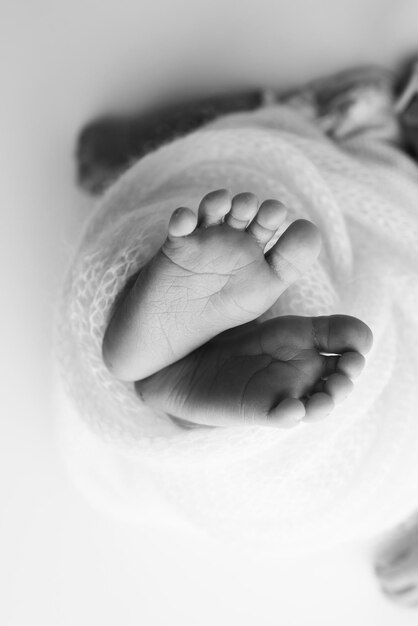 Photo le petit pied d'un nouveau-né, les pieds doux d'un nouvellement né dans une couverture, les orteils, les talons et les pieds d'un jeune nouveau-né en gros plan, photographie macro verticale en noir et blanc.