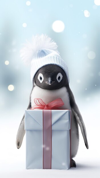 Photo un petit pingouin avec une chute de neige de cadeau de noël en arrière-plan ia générative