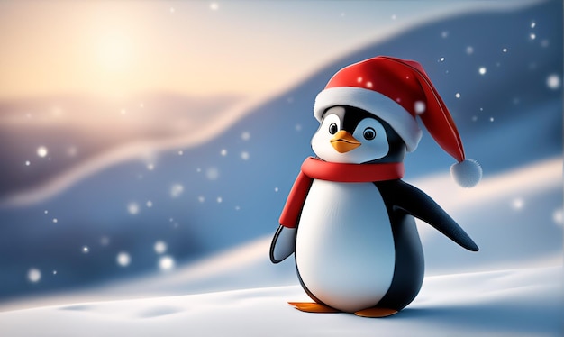 Un petit pingouin mignon portant un bonnet de Noel dans un paysage hivernal en style d'animation 3D