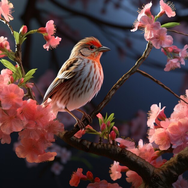 Photo un petit pinson sur une branche avec des fleurs de printemps sur elle belle image ai généré de l'art