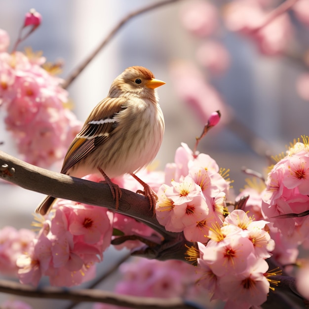 Photo un petit pinson sur une branche avec des fleurs de printemps sur elle belle image ai généré de l'art