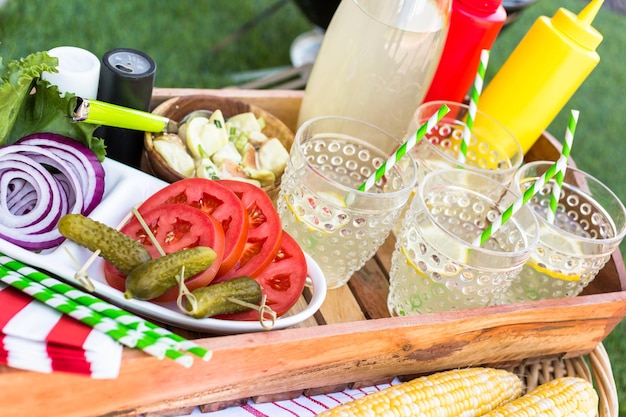 Petit pique-nique d'été avec limonade et hamburgers dans le parc.