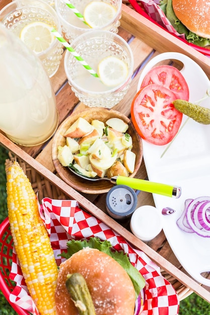 Petit pique-nique d'été avec limonade et hamburgers dans le parc.