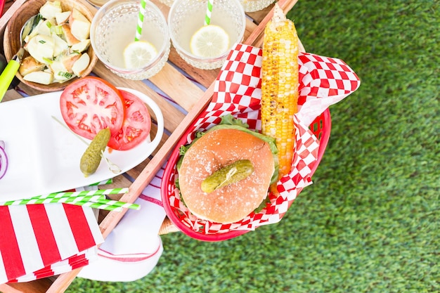Petit pique-nique d'été avec limonade et hamburgers dans le parc.