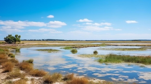 Photo un petit plan d'eau avec un ciel bleu et des nuages en arrière-plan