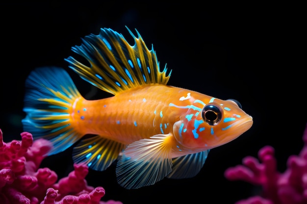 Petit poisson gobie aux couleurs vives isolé sur fond noir IA générative