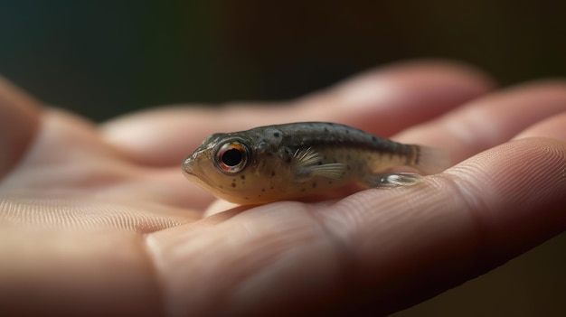 Photo un petit poisson avec une tache noire sur la tête est tenu dans une main.