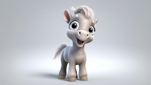Un petit poney gris avec une crinière blanche et un nez bleu.