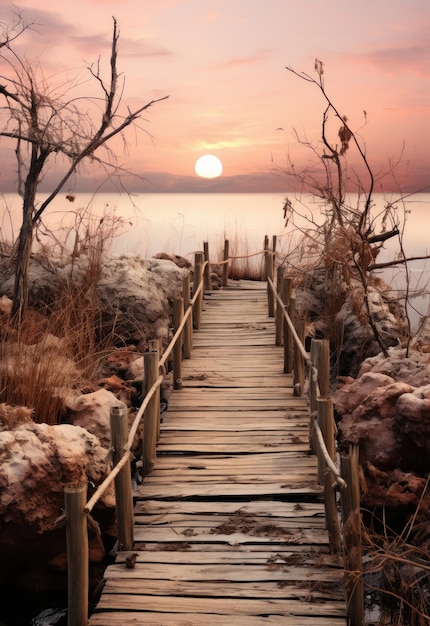petit pont en bois sur la plage et les vagues au coucher du soleil