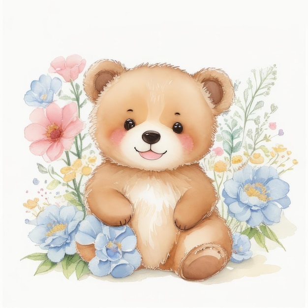 petit portrait d'ours mignon avec des fleurs