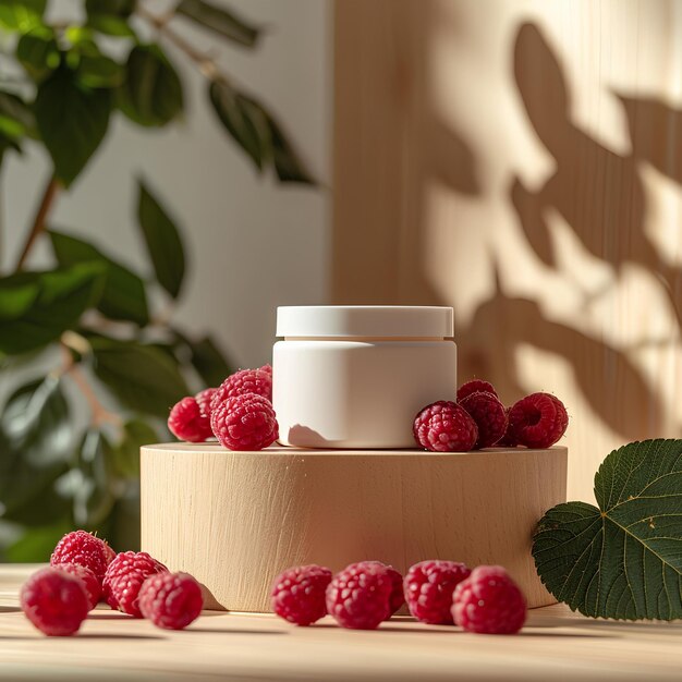 Petit pot blanc avec framboises sur une table en bois près d'un arbre