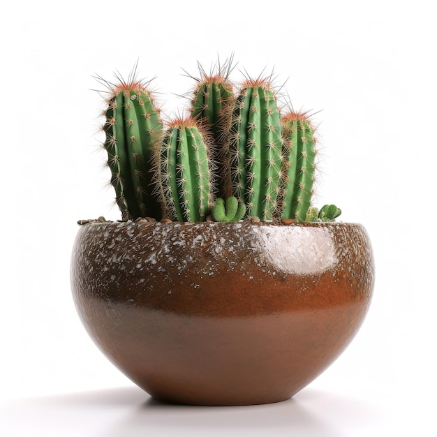 Un petit pot de cactus est sur un fond blanc.
