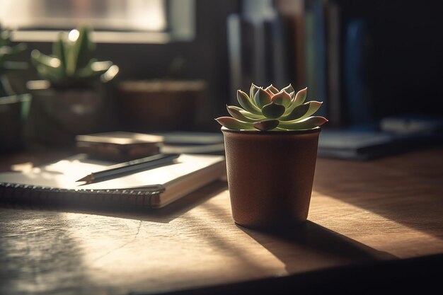 Petit pot de plantes succulentes sur table de travail en bois Conception de travail à domicile