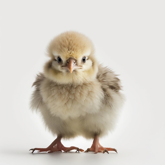 Un petit poulet avec un bec jaune et un bec noir.