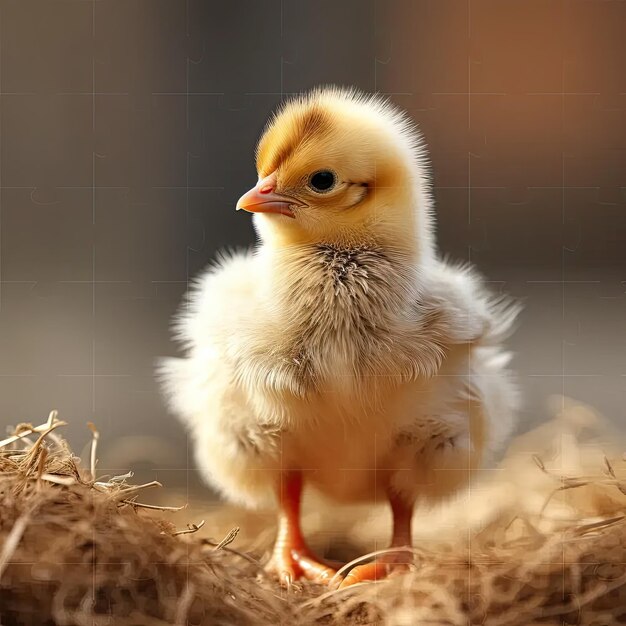 Photo un petit poulet jaune et blanc assis sur un tas de foin