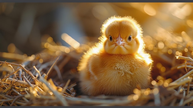 Un petit poulet jaune sur un champ d'herbe