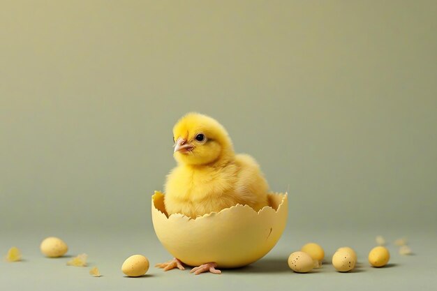 Petit poulet jaune en coquille d'œuf sur fond gris concept de Pâques