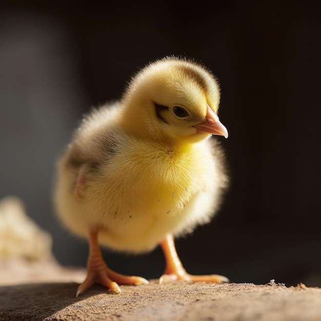 Un petit poulet jaune avec une tête noire et des pattes orange.