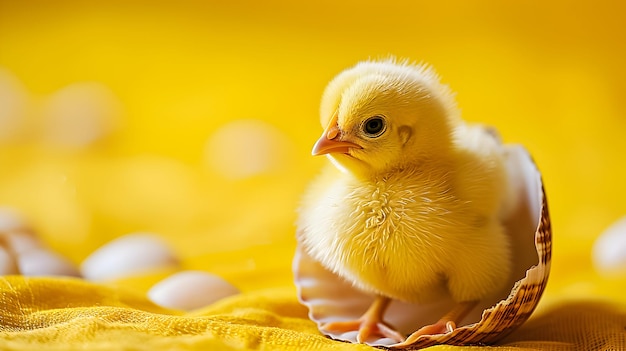 Photo petit poulet avec œuf sur le fond jaune espace de copie bon concept de pâques