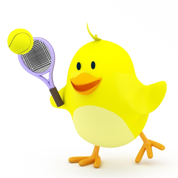 Petit poussin de joueur de tennis sur rendu 3D blanc