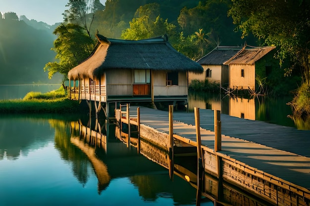 un petit quai en bois avec une maison sur l'eau