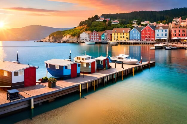 Un petit quai avec une maison colorée sur l'eau et un ciel au coucher du soleil.