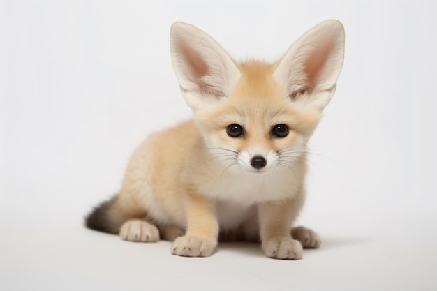 un petit renard assis sur une surface blanche