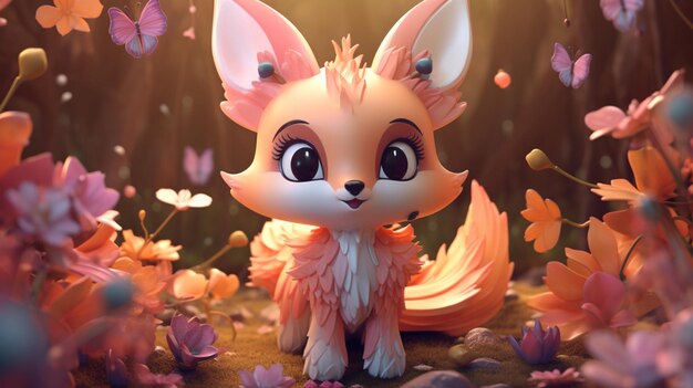 Un petit renard kawaii dans la forêt avec des fleurs