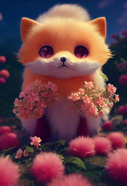 Un petit renard rose mignon et mignon Generative Ai