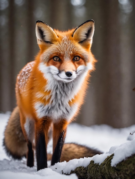 un petit renard seul dans une forêt enneigée