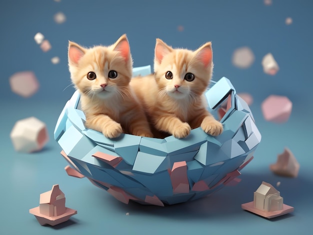 Petit rendu 3d isométrique mignon de chatons jouant avec du fil