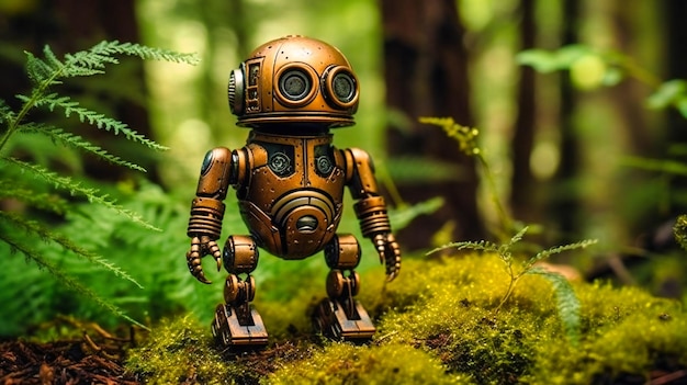 Un petit robot avec une couverture de mousse debout dans la forêt avec des feuilles