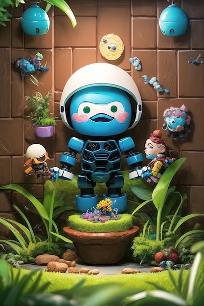 un petit robot dans le jardin d'un pot de fleur