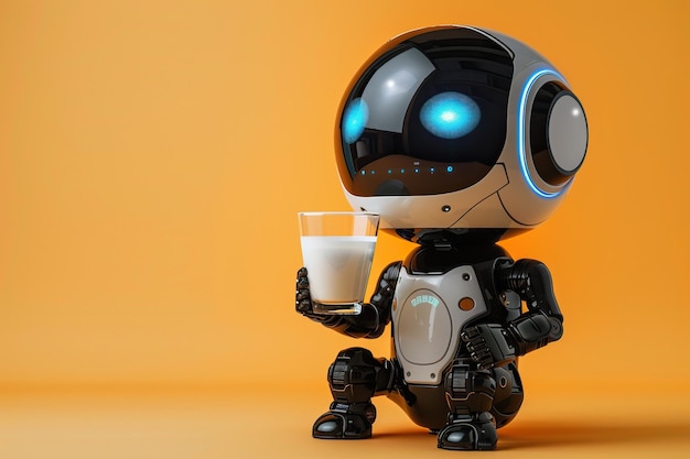 Petit robot japonais heureux avec un verre de lait isolé sur un fond orange