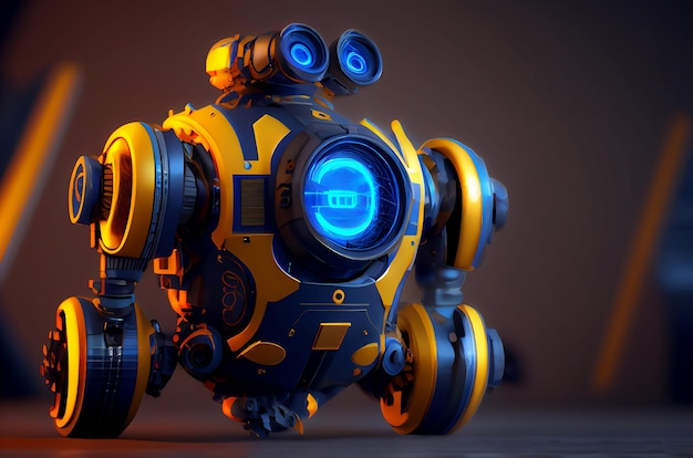 Petit robot jaune et bleu sur fond sombre