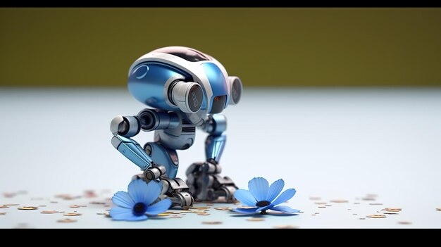 Photo petit robot rouge mignon avec des oreilles d'ours tient un pot en argile avec de la camomille concept art kawaii bo