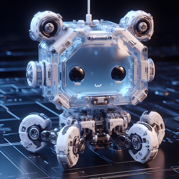 Un petit robot de science-fiction en polycarbonate translucide et mignon