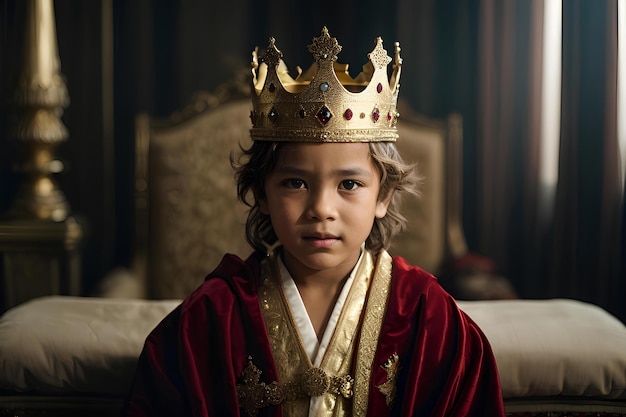Photo un petit roi un enfant monarque dans une couronne d'or et une robe rouge