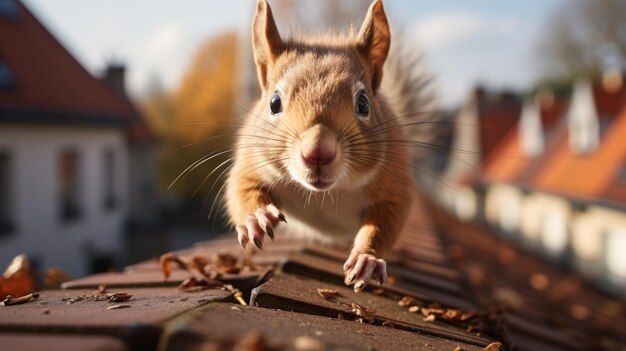 Photo un petit rongeur debout sur un toit regardant le monde en dessous.