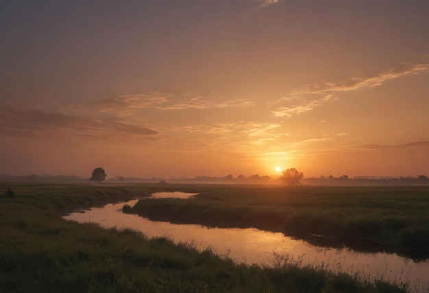 un petit ruisseau avec un coucher de soleil en arrière-plan