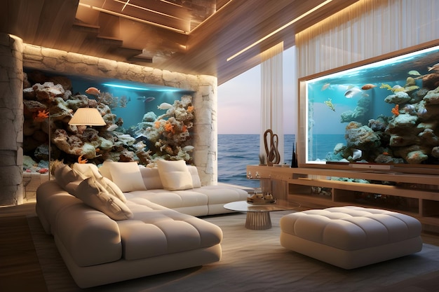 Photo un petit salon avec un canapé intérieur et un aquarium ou un aquarium de poissons de mer