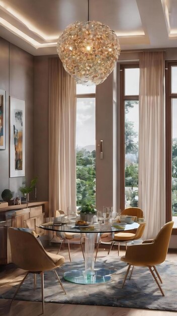 Photo petit salon d'une maison avec une table à manger en verre circulaire avec des chaises en méthacrylate transparent