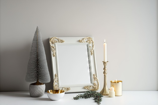 Petit sapin de Noël avec bougies cadeaux et miroir sur table près d'un mur lumineux